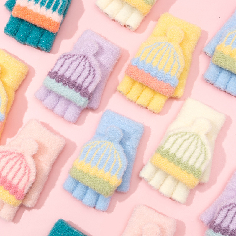 Vaikų žiemos pirštinės, pusiau pirštinės, žakardiniai megztiniai, šiltos, universalios