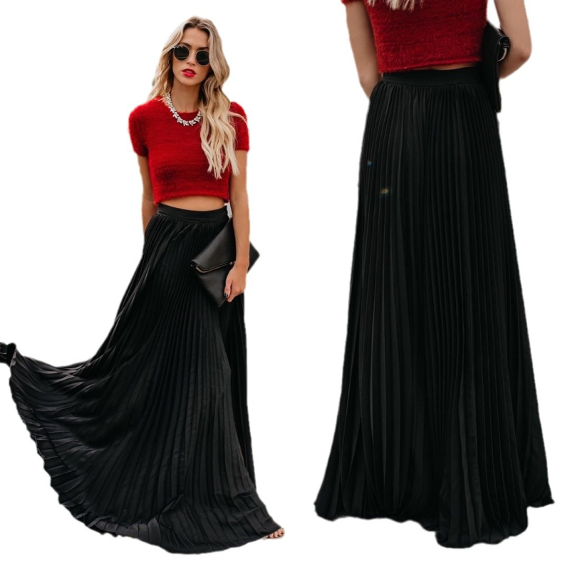 Hosszú pliszírozott szoknya, magas derekú, pamutkeverék anyag, 50–70% poliészter