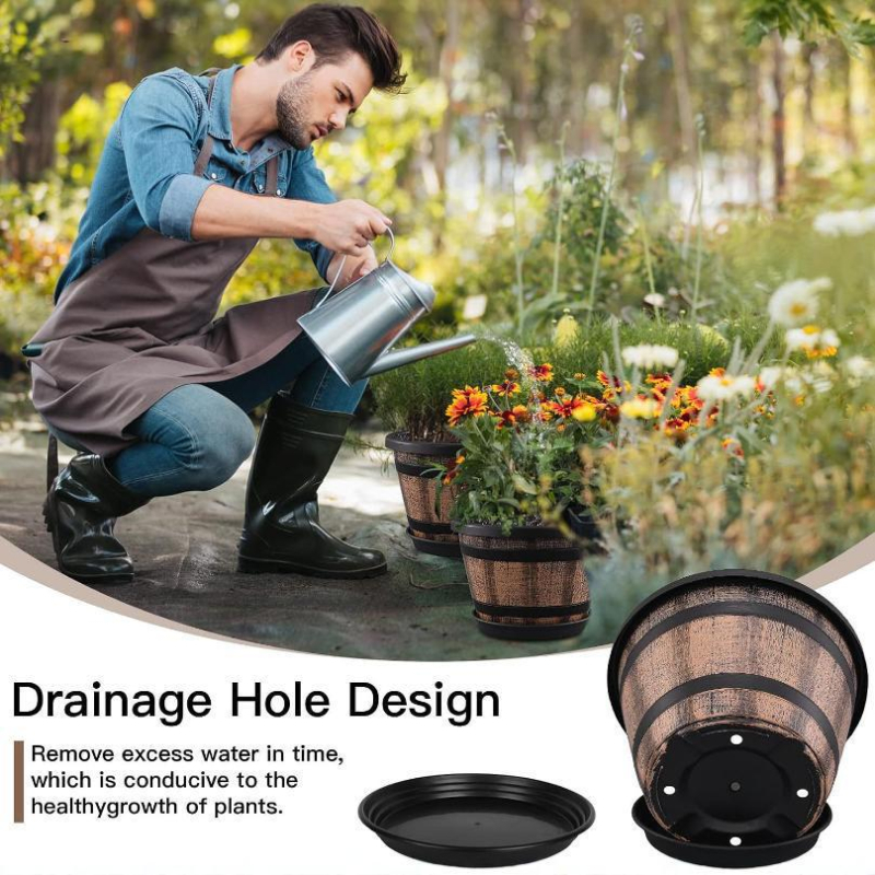 Градински цветарник от пластмаса, имитация на дървена бъчва, за подова употреба, стил country retro.