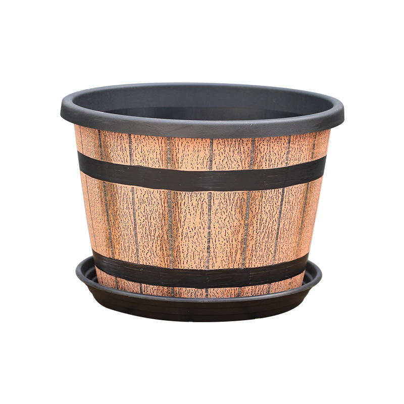 Градински цветарник от пластмаса, имитация на дървена бъчва, за подова употреба, стил country retro.