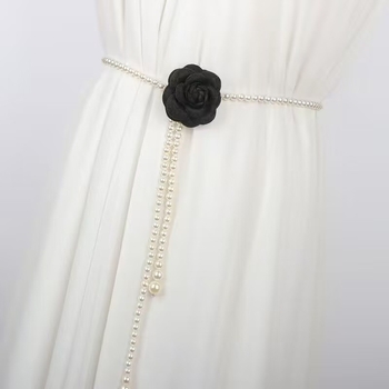 Талийна верига с перли и камелия – винтидж стил, единична обиколка, ширина под 2 см