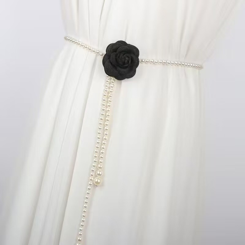 Талийна верига с перли и камелия – винтидж стил, единична обиколка, ширина под 2 см