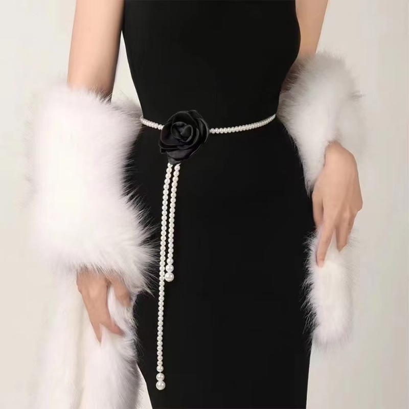 Талийна верига с перли и камелия – винтидж стил, единична обиколка, ширина под 2 см