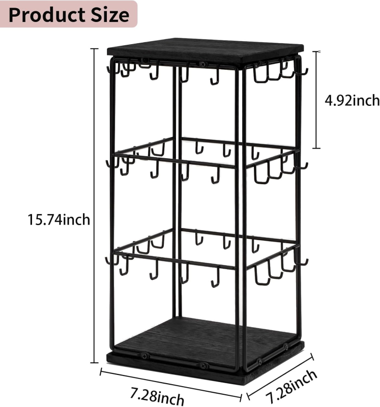 Fa- és vas ékszer kiállító állvány, 360° forgó, három szint, skandináv stílusú