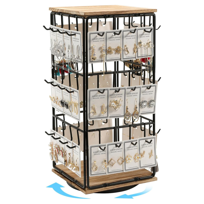 Fa- és vas ékszer kiállító állvány, 360° forgó, három szint, skandináv stílusú