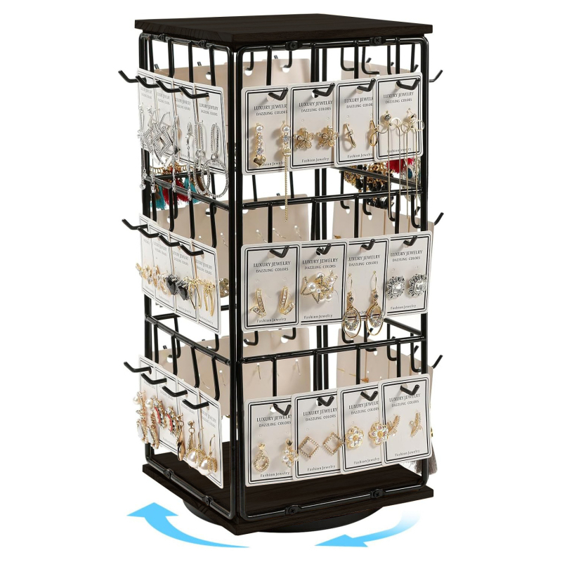 Fa- és vas ékszer kiállító állvány, 360° forgó, három szint, skandináv stílusú