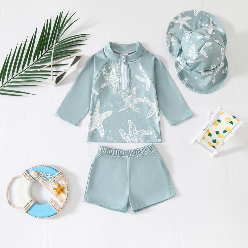 Бебешки гащеризон със шапка – унисекс, еластичен плат със 100% спандекс, подходящ за плуване и водни игри