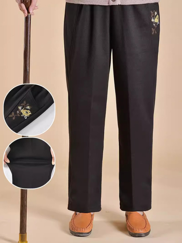 Дамски подплатени панталони за средна възраст за зима, свободна кройка, полиестерова материя, дебел тъкан, ежедневен стил