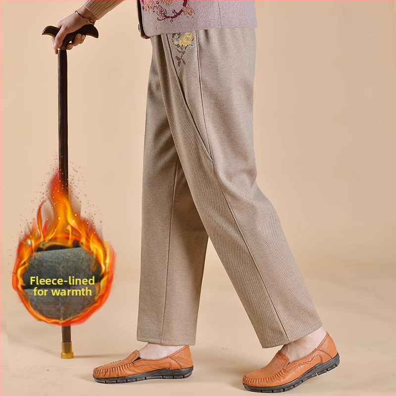 Дамски подплатени панталони за средна възраст за зима, свободна кройка, полиестерова материя, дебел тъкан, ежедневен стил