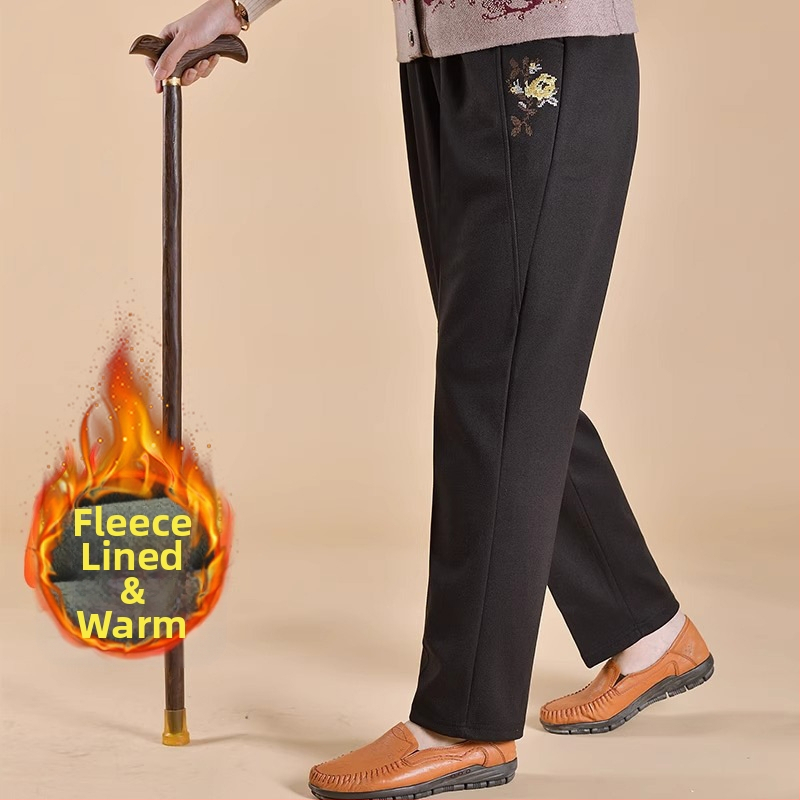 Дамски подплатени панталони за средна възраст за зима, свободна кройка, полиестерова материя, дебел тъкан, ежедневен стил