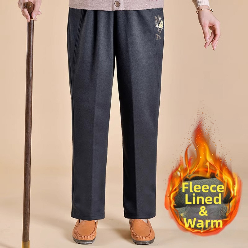 Дамски подплатени панталони за средна възраст за зима, свободна кройка, полиестерова материя, дебел тъкан, ежедневен стил