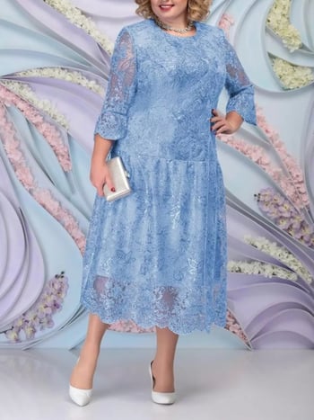 Полиестерова рокля А‑линия, миди дължина, кръгло деколте, три четвърти ръкав, женска, размер L