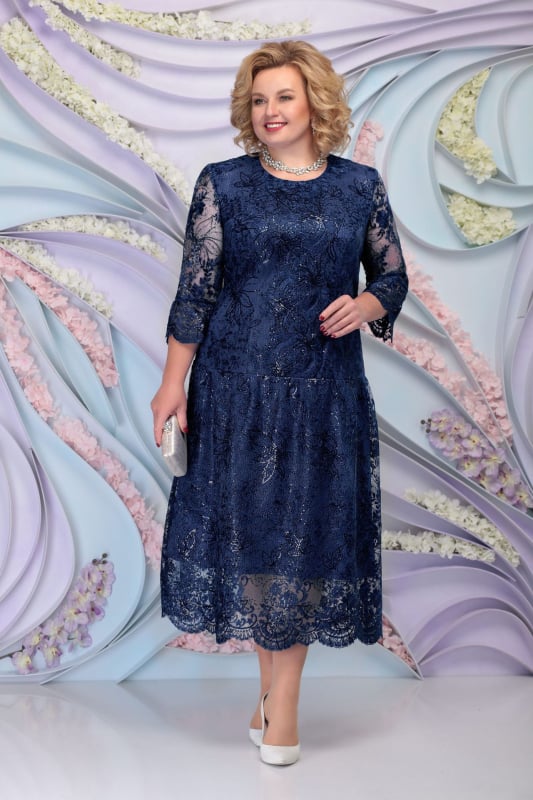 Полиестерова рокля А‑линия, миди дължина, кръгло деколте, три четвърти ръкав, женска, размер L