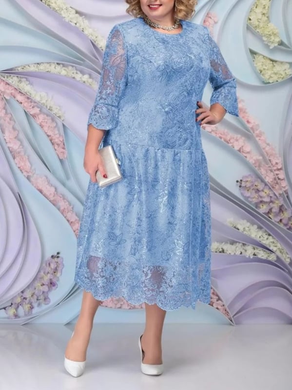 Полиестерова рокля А‑линия, миди дължина, кръгло деколте, три четвърти ръкав, женска, размер L