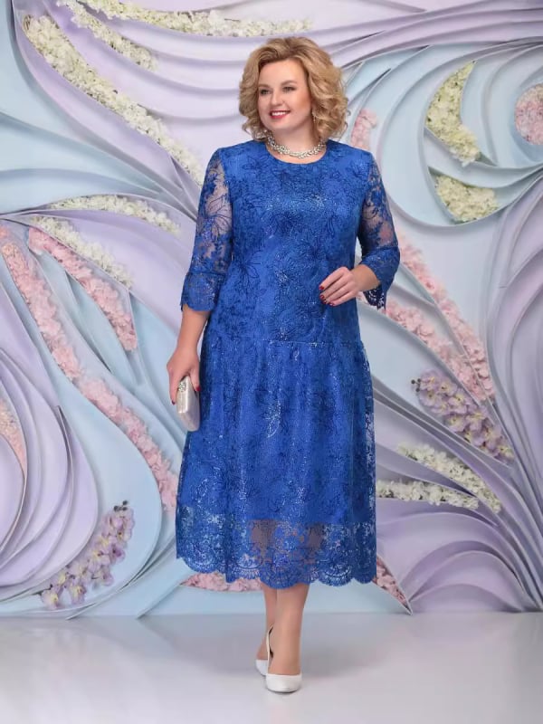 Полиестерова рокля А‑линия, миди дължина, кръгло деколте, три четвърти ръкав, женска, размер L