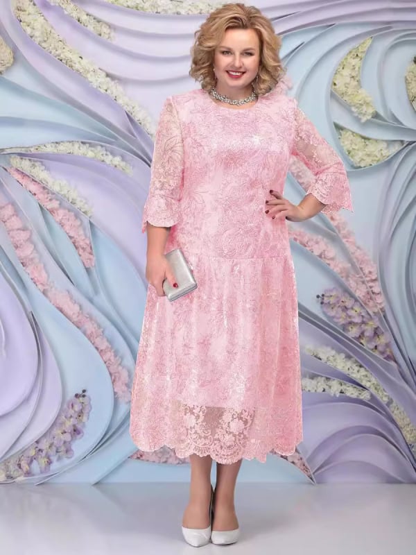 Полиестерова рокля А‑линия, миди дължина, кръгло деколте, три четвърти ръкав, женска, размер L