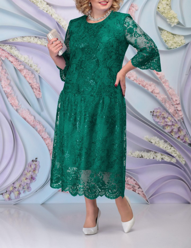 Полиестерова рокля А‑линия, миди дължина, кръгло деколте, три четвърти ръкав, женска, размер L