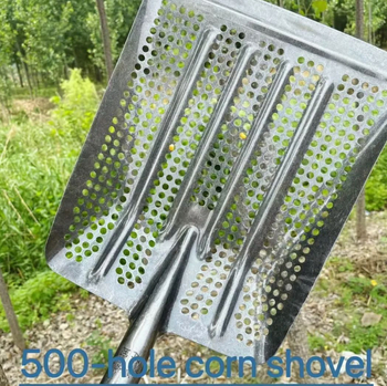 Sodininko kastuvė su tuščiavidure sustiprinta konstrukcija iš mangano plieno ir sietu su apskritomis skylėmis kukurūzams ir žemės riešutams