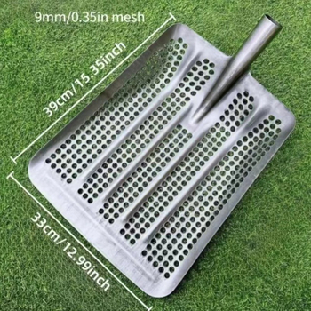 Sodininko kastuvė su tuščiavidure sustiprinta konstrukcija iš mangano plieno ir sietu su apskritomis skylėmis kukurūzams ir žemės riešutams