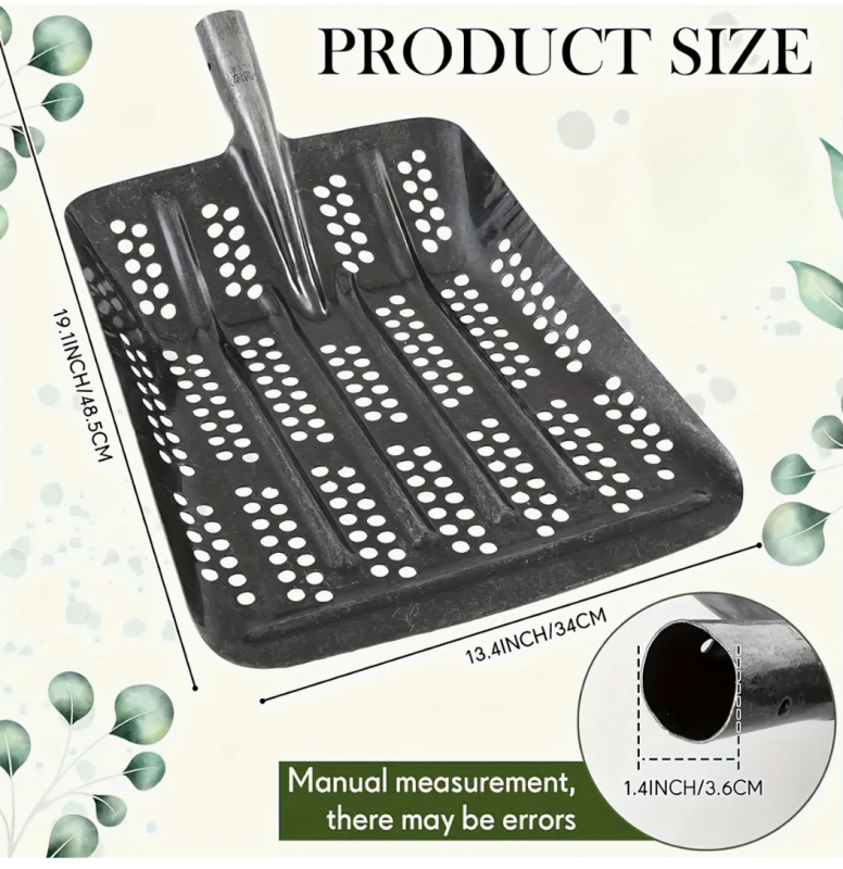 Sodininko kastuvė su tuščiavidure sustiprinta konstrukcija iš mangano plieno ir sietu su apskritomis skylėmis kukurūzams ir žemės riešutams