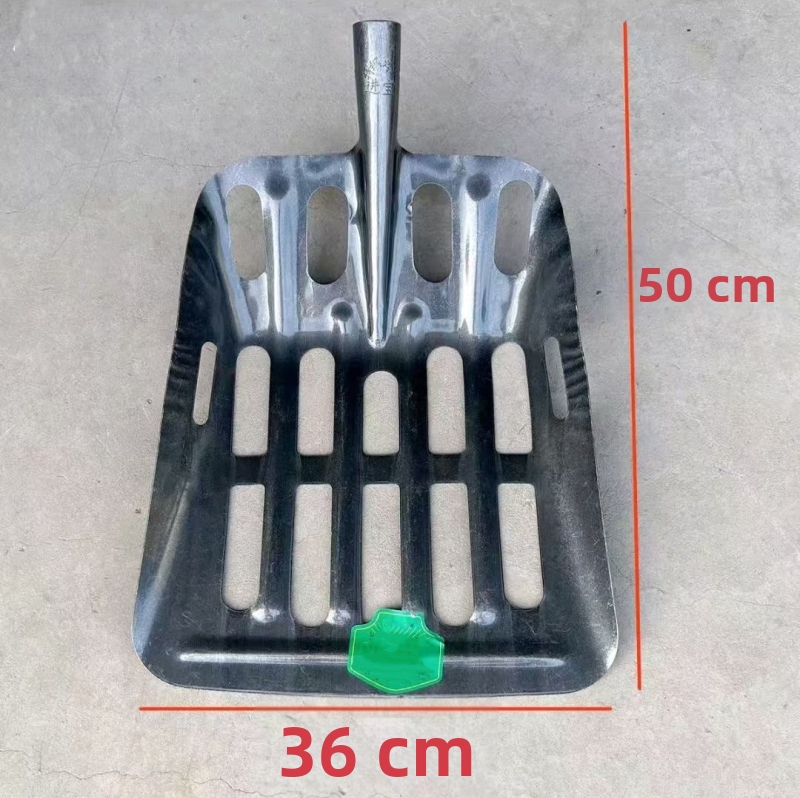 Sodininko kastuvė su tuščiavidure sustiprinta konstrukcija iš mangano plieno ir sietu su apskritomis skylėmis kukurūzams ir žemės riešutams