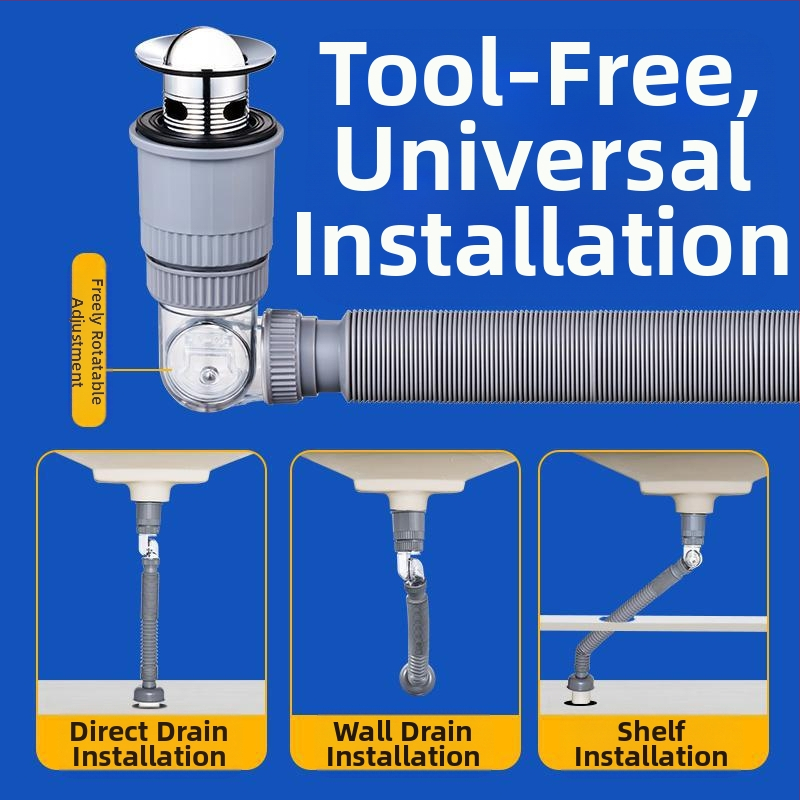 Универсален попъп сифон за умивалник, ABS, комплект дренаж за мивка