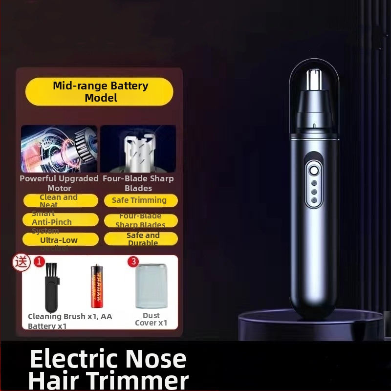 Elektrinis nosies plaukų trimeris – nerūdijančio plieno korpusas, maitinamas ličio baterija, be įmontuotos baterijos, nėra plaunamas