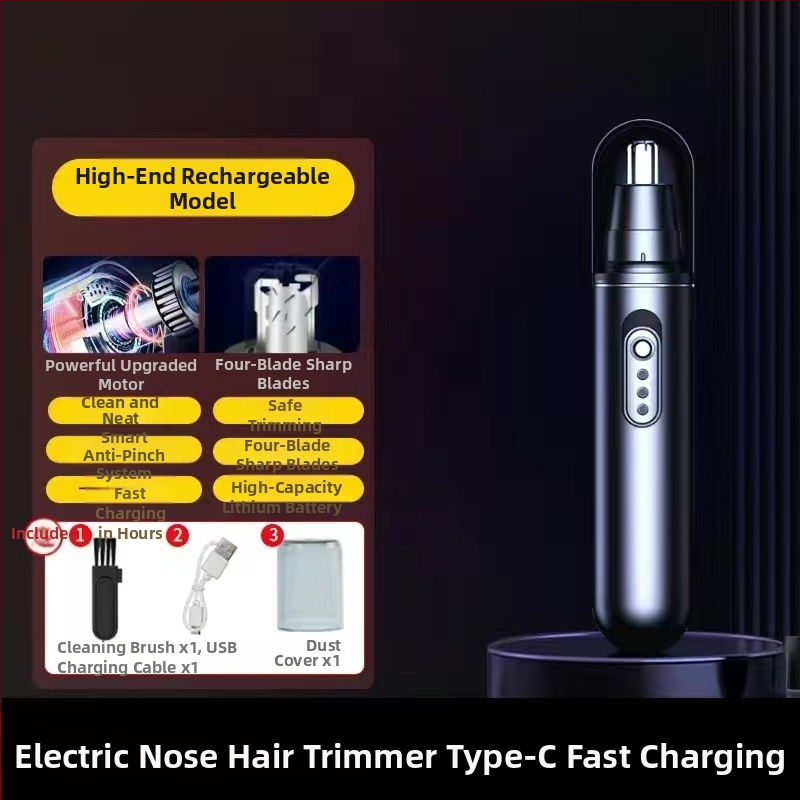 Elektrinis nosies plaukų trimeris – nerūdijančio plieno korpusas, maitinamas ličio baterija, be įmontuotos baterijos, nėra plaunamas