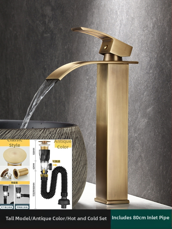 Vízcsap mosdóhoz, vízesés-stílusú, vintage dizájn, modell JS-AD001, anyag: rozsdamentes acél, kerámiabetét, egyetlen csatlakozás