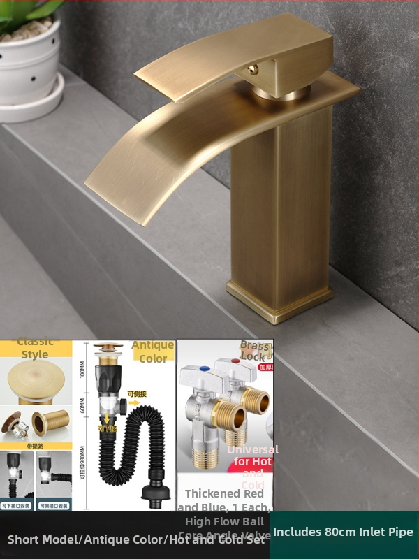 Vízcsap mosdóhoz, vízesés-stílusú, vintage dizájn, modell JS-AD001, anyag: rozsdamentes acél, kerámiabetét, egyetlen csatlakozás