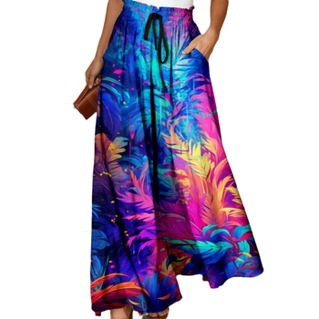 Женски ежедневни широки панталони с висока талия, 3D печат пера, лека полиестерова материя, микроеластичност, плисирана талия – есен 2023