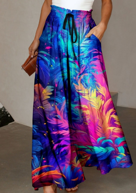 Женски ежедневни широки панталони с висока талия, 3D печат пера, лека полиестерова материя, микроеластичност, плисирана талия – есен 2023