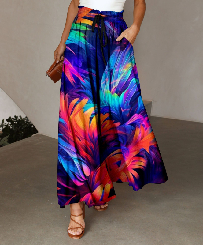 Женски ежедневни широки панталони с висока талия, 3D печат пера, лека полиестерова материя, микроеластичност, плисирана талия – есен 2023