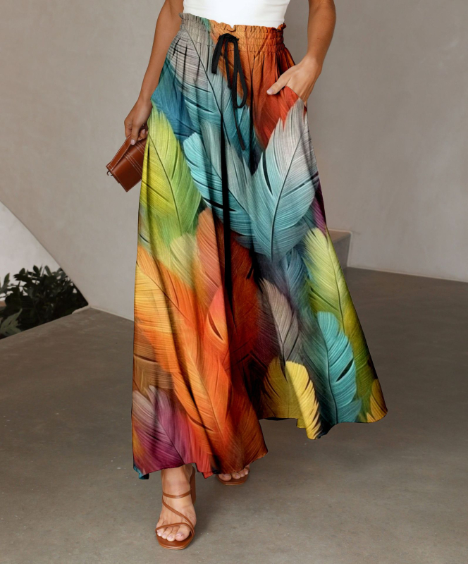 Женски ежедневни широки панталони с висока талия, 3D печат пера, лека полиестерова материя, микроеластичност, плисирана талия – есен 2023