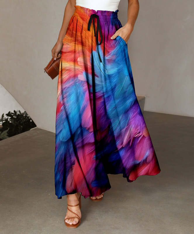 Женски ежедневни широки панталони с висока талия, 3D печат пера, лека полиестерова материя, микроеластичност, плисирана талия – есен 2023