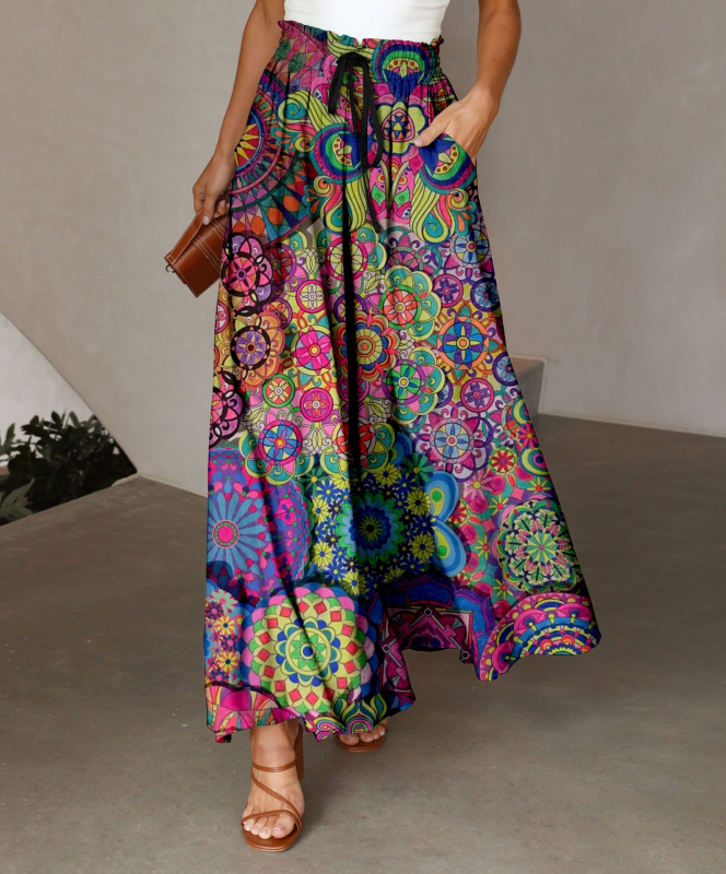 Женски ежедневни широки панталони с висока талия, 3D печат пера, лека полиестерова материя, микроеластичност, плисирана талия – есен 2023