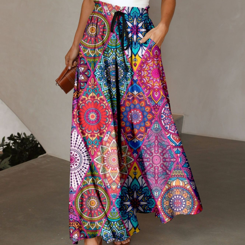 Женски ежедневни широки панталони с висока талия, 3D печат пера, лека полиестерова материя, микроеластичност, плисирана талия – есен 2023