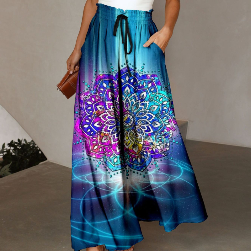 Женски ежедневни широки панталони с висока талия, 3D печат пера, лека полиестерова материя, микроеластичност, плисирана талия – есен 2023