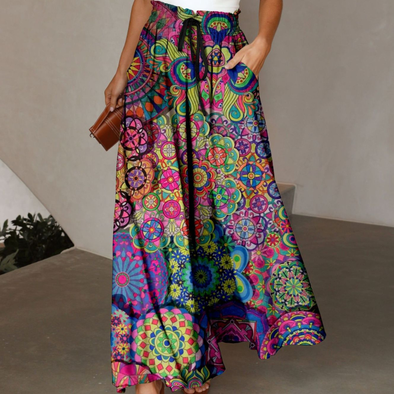 Женски ежедневни широки панталони с висока талия, 3D печат пера, лека полиестерова материя, микроеластичност, плисирана талия – есен 2023