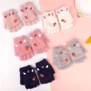 Vaikų žieminės pirštinės su puse piršto — šilta vilna, animacinis raštas, jacquard audinys, amžius 8–15 metų