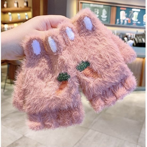 Vaikų žieminės pirštinės su puse piršto — šilta vilna, animacinis raštas, jacquard audinys, amžius 8–15 metų