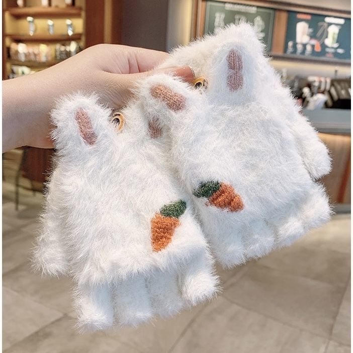 Vaikų žieminės pirštinės su puse piršto — šilta vilna, animacinis raštas, jacquard audinys, amžius 8–15 metų