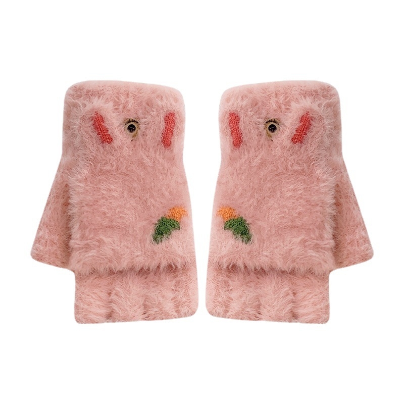 Vaikų žieminės pirštinės su puse piršto — šilta vilna, animacinis raštas, jacquard audinys, amžius 8–15 metų