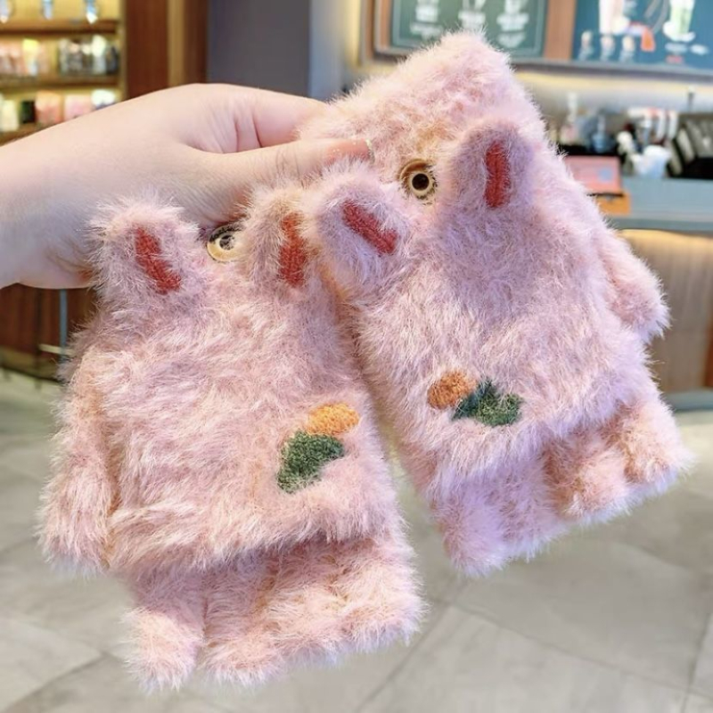 Vaikų žieminės pirštinės su puse piršto — šilta vilna, animacinis raštas, jacquard audinys, amžius 8–15 metų