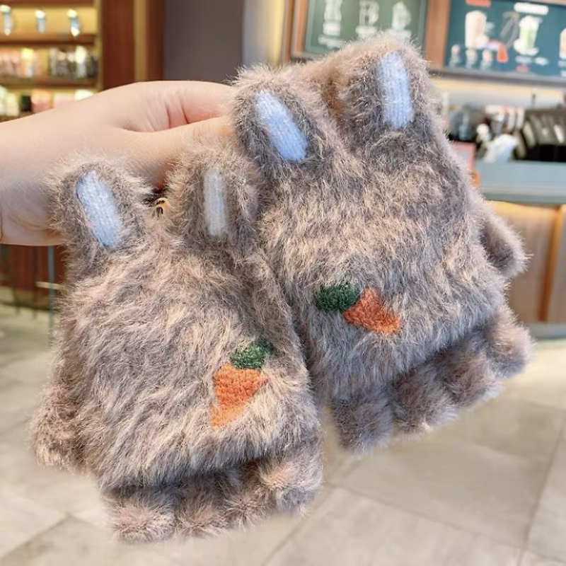 Vaikų žieminės pirštinės su puse piršto — šilta vilna, animacinis raštas, jacquard audinys, amžius 8–15 metų