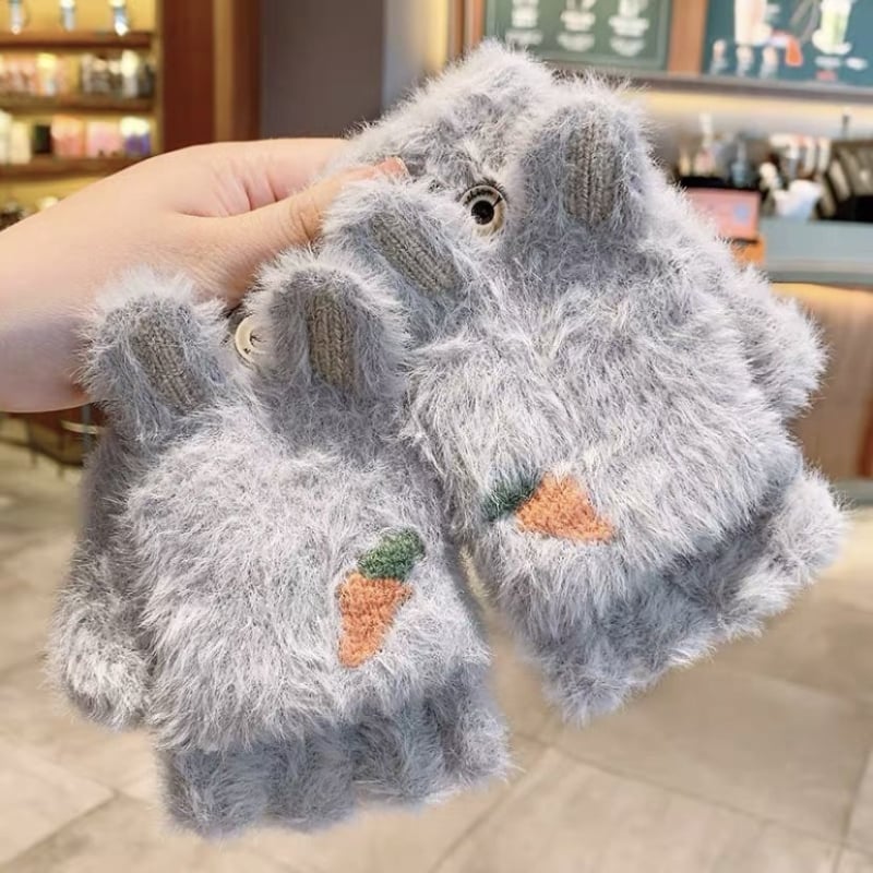 Vaikų žieminės pirštinės su puse piršto — šilta vilna, animacinis raštas, jacquard audinys, amžius 8–15 metų