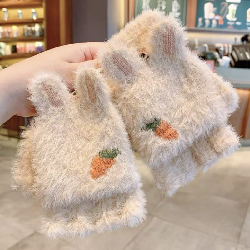 Vaikų žieminės pirštinės su puse piršto — šilta vilna, animacinis raštas, jacquard audinys, amžius 8–15 metų