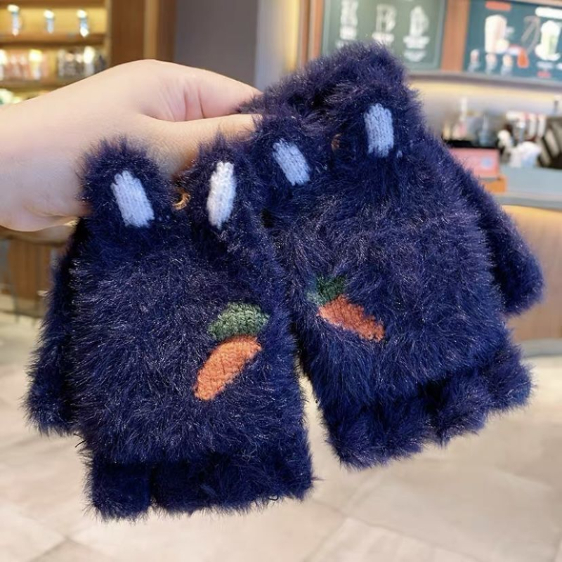 Vaikų žieminės pirštinės su puse piršto — šilta vilna, animacinis raštas, jacquard audinys, amžius 8–15 metų