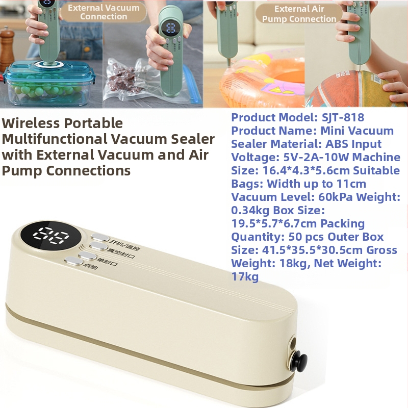 Мини безжичен вакуум запечатвач за опаковки, презареждаем, ABS корпус, капацитет 500–1000 ml, модел 818, кухненски уреди