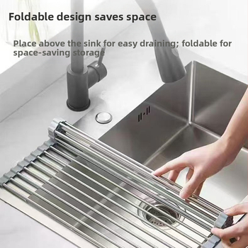 Nerūdijančio plieno nutekėjimo laikiklis su sulankstomu teleskopiniu dizainu virtuvės indų laikymui — modernus stilius, leidimas 2017 m. pavasarį